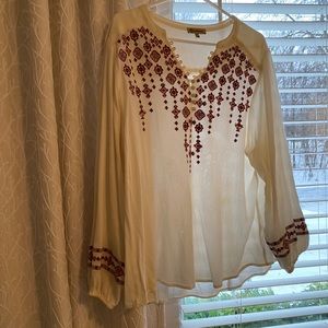 White long sleeve blouse with red embroidery
